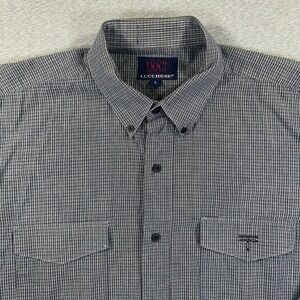 VTG Lucchese 1883 Shirt Mens L Blue Gray Plaid Cotton Long Sleeve Pockets Work